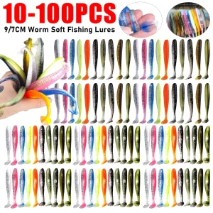 10-100PCS 9CM/7CM T Tail Worm Soft Bait Artificial Bait Swimbait Shiner Wobbler Swimbait
